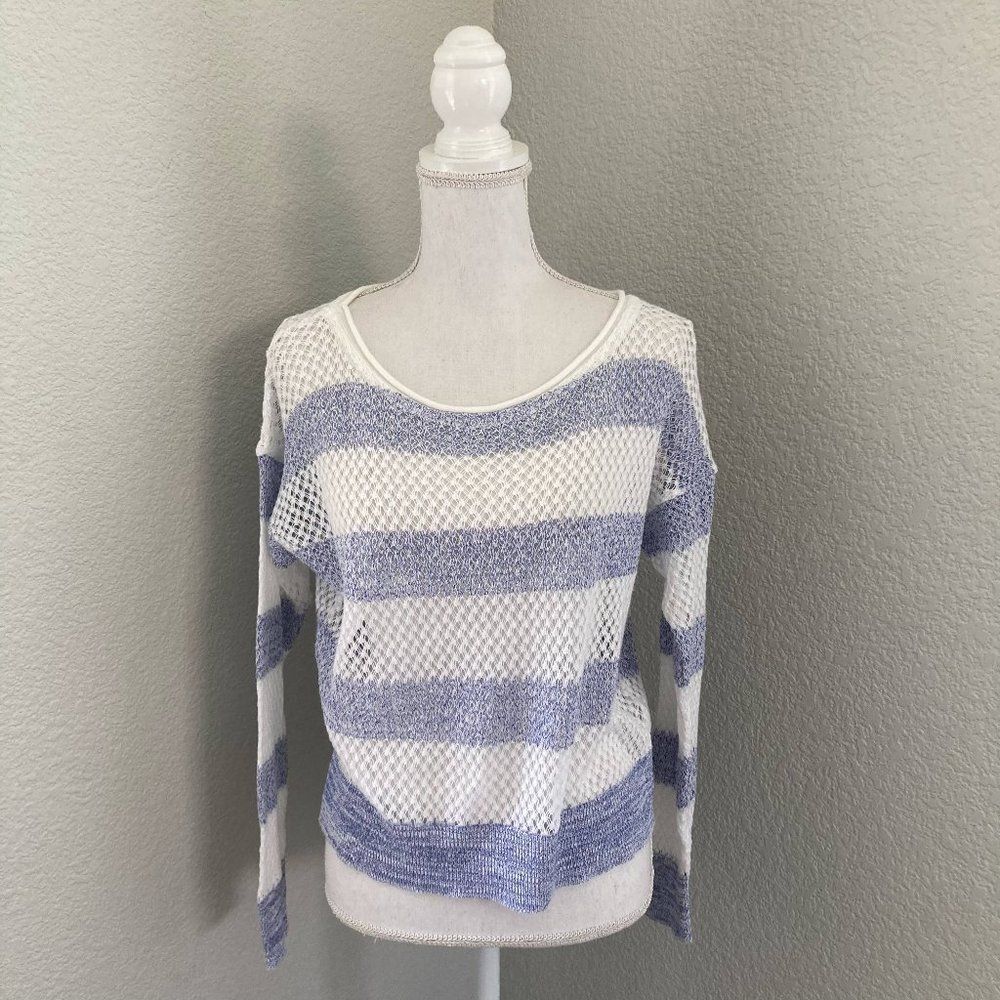 Farm Womens White Blue Striped Long Sleeve Open Knit Loose Sweater Size M